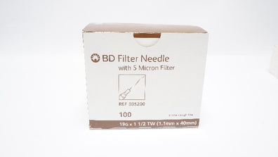 BD 305200 Becton Filter Ndle. W/5 Micron Filter 19G x 1-1/2TW (x) - Box of 100